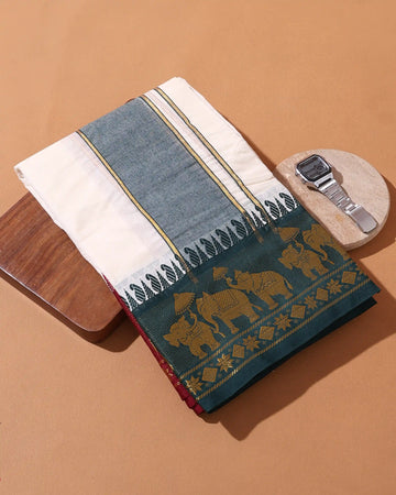 Men’s 9*5 Meter Cotton Dhoti with Elephant Temple and Paisley Woven Border Design - Off White
