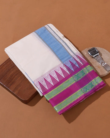 Men’s 9*5 Meter Cotton Dhoti with Traditional Woven Border and Decorative Temple Motif Design - White