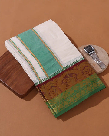 Men’s 9*5 Meter Premium Cotton Dhoti with Traditional Zari Border - Off White