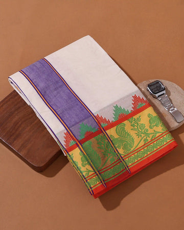Men’s 9*5 Meter Cotton Dhoti with Traditional Temple Border Floral and Animal Motifs Design - White