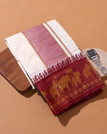 Men’s 9*5 Meter Cotton Dhoti with Elephant Temple and Paisley Woven Border Design - Off White