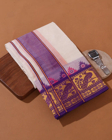 Men’s 9*5 Meter Cotton Dhoti with Peacock Motif Woven Border and Traditional Decorative Design - White