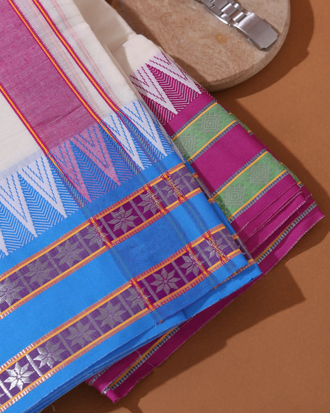 Men’s 9+5 Meter Cotton Dhoti with Temple Border Woven Stripe Detailing and Classic Ethnic Design - White