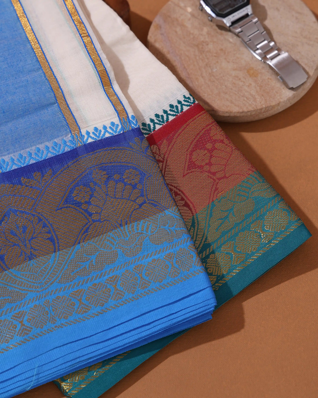 Men’s 9*5 Meter Premium Cotton Dhoti with Traditional Zari Border - Off White