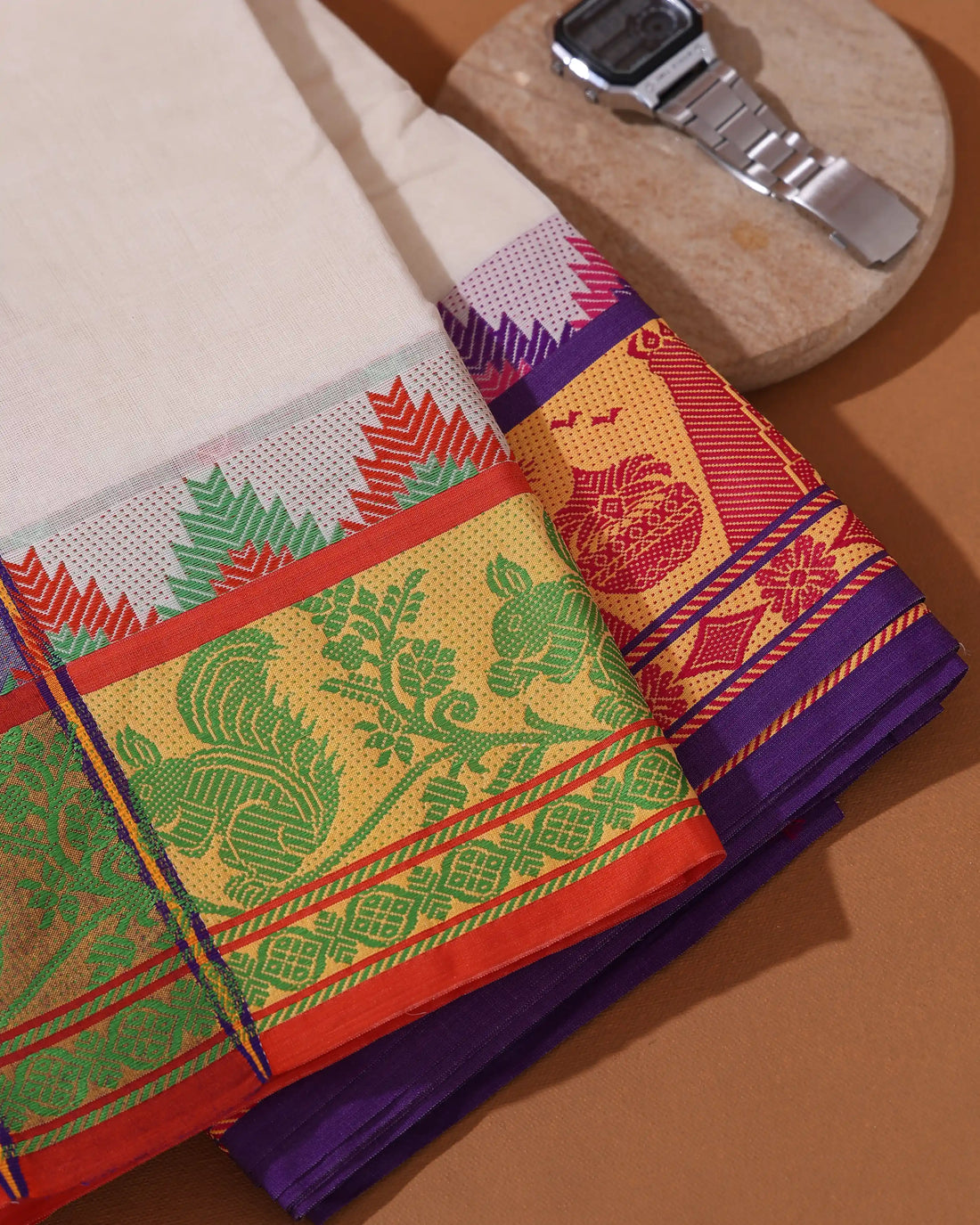 Men’s 9*5 Meter Cotton Dhoti with Traditional Temple Border Floral and Animal Motifs Design - White