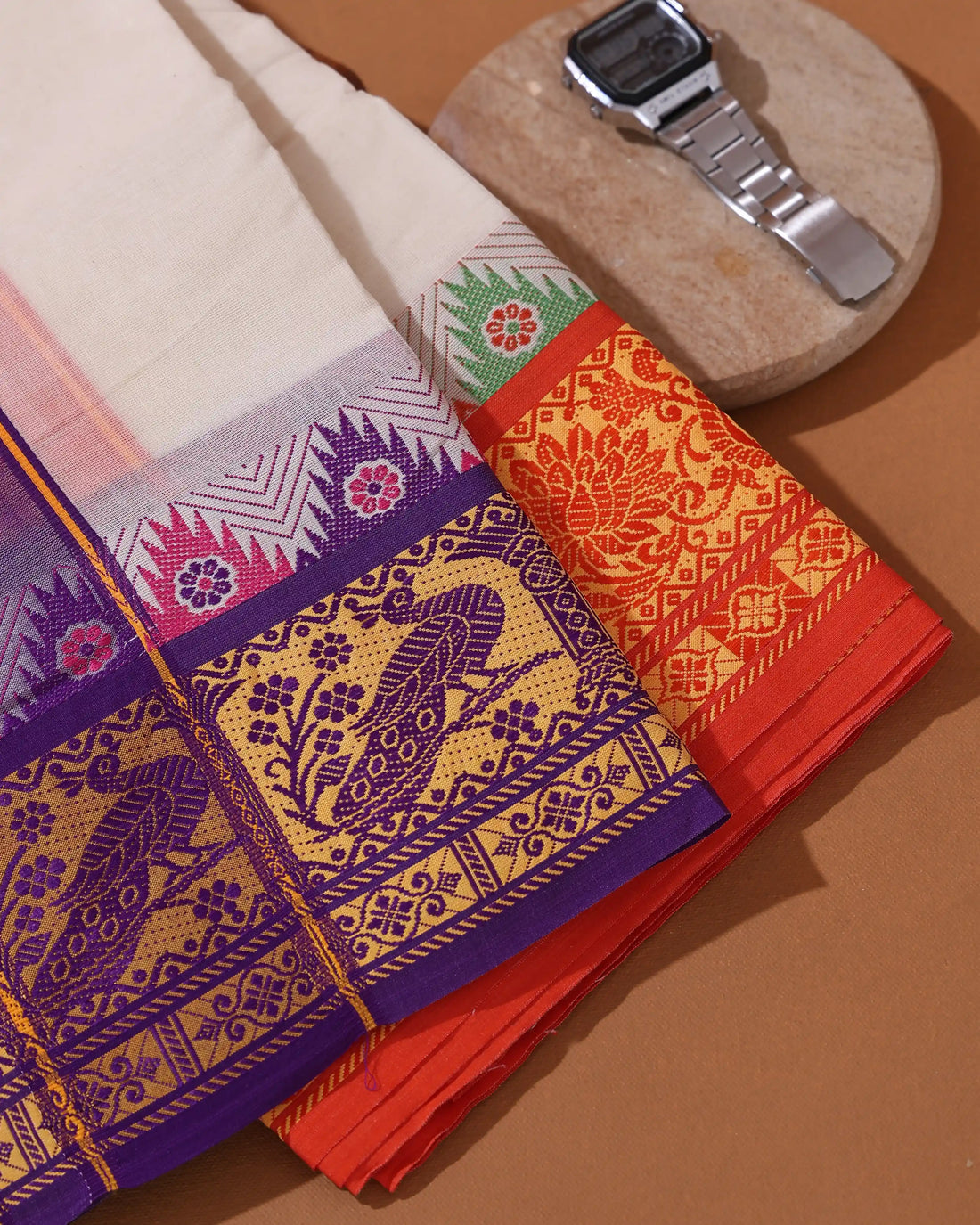 Men’s 9*5 Meter Cotton Dhoti with Peacock Motif Woven Border and Traditional Decorative Design - White