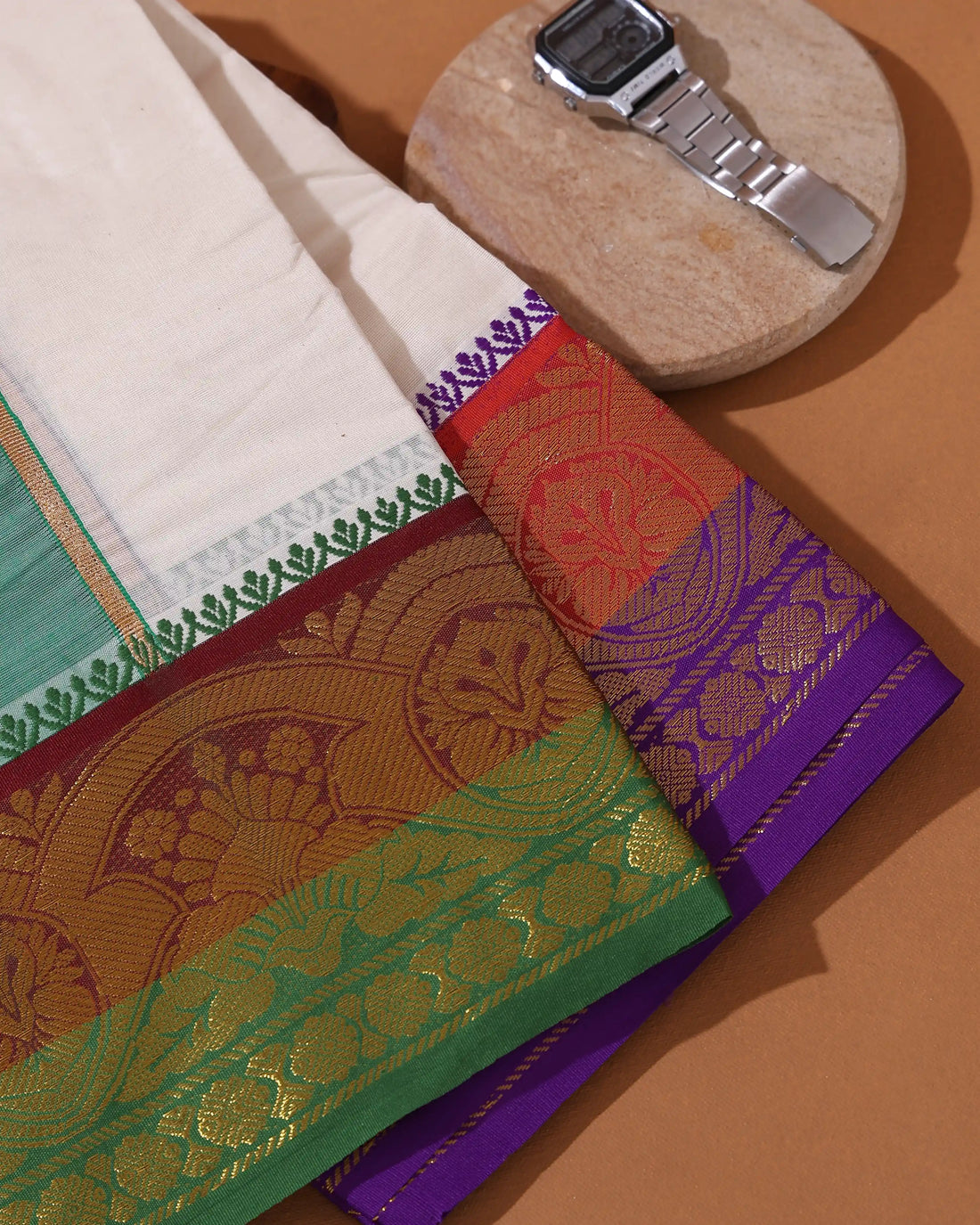 Men’s 9*5 Meter Premium Cotton Dhoti with Traditional Zari Border - Off White