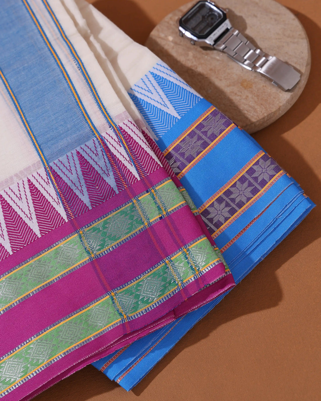 Men’s 9*5 Meter Cotton Dhoti with Traditional Woven Border and Decorative Temple Motif Design - White
