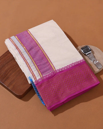 Men’s 9*5 Meter Cotton Dhoti with Traditional Woven Border and Geometric Pattern - Off White