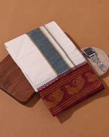 Men’s 9*5 Meter Cotton Traditional Dhoti with Contrast Woven Border and Classic Peacock Motif Design - Off White