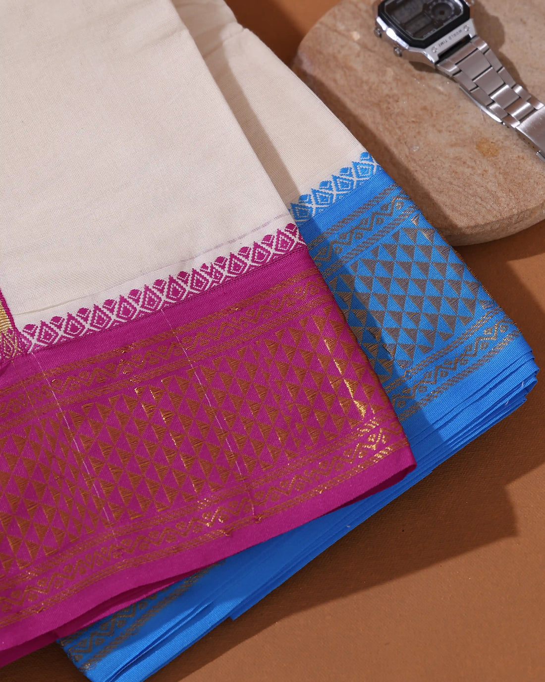 Men’s 9*5 Meter Cotton Dhoti with Traditional Woven Border and Geometric Pattern - Off White