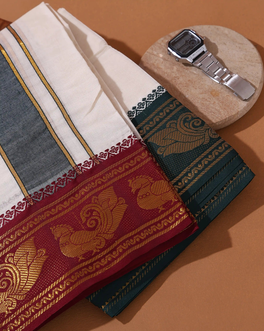Men’s 9*5 Meter Cotton Traditional Dhoti with Contrast Woven Border and Classic Peacock Motif Design - Off White