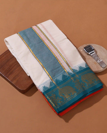 Men’s 10*6 Meter Cotton Dhoti with Traditional Zari Border and Elephant Motif Woven Design - Off White