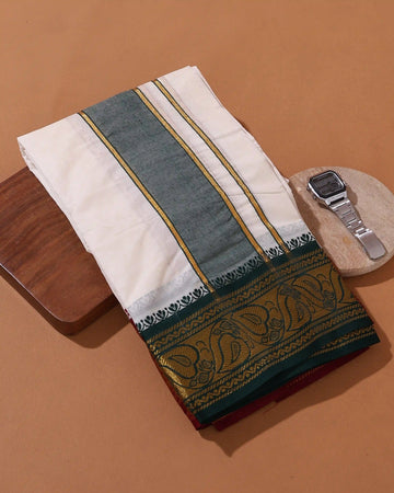Men’s 10*6 Meter Cotton Dhoti with Traditional Zari Border and Woven Leaf Pattern - Off White