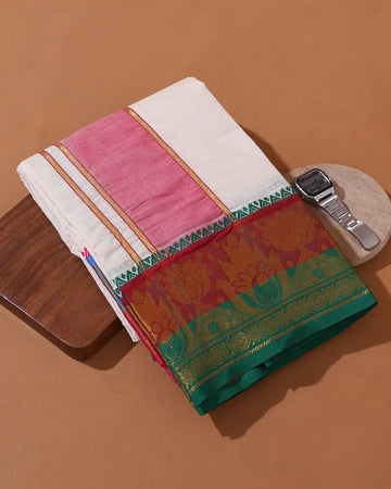 Men’s 10*6 Meter Cotton Dhoti with Floral Woven Zari Border and Jacquard Floral Design - Off White