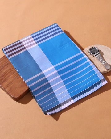 Men’s Nandu Brand Premium Cotton Lungi 2.20 Meter Length with Striped Pattern - Blue