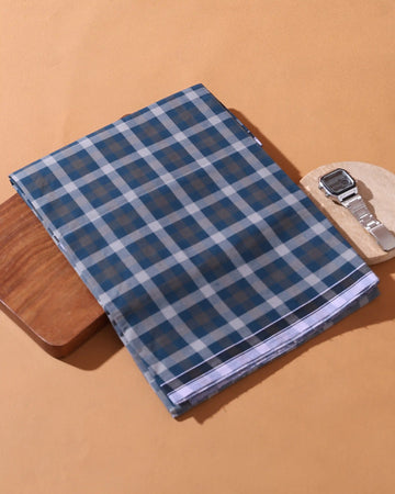 Men’s Nandu Brand Premium Cotton Lungi 2.20 Meter Length with Checked Pattern - Teal