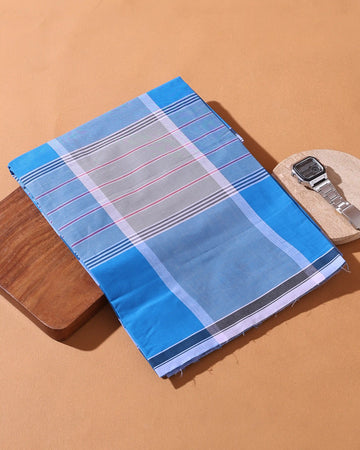 Men’s Nandu Brand Premium Cotton Lungi 2.20 Meter Length with Striped Pattern - Blue