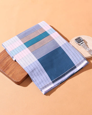 Men’s Nandu Brand Premium Cotton Lungi 2.20 Meter Length with Checked & Striped Pattern - Multi