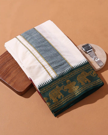 Mens 9*5 Meter Cotton Dhoti with Traditional Elephant Motif Woven Border - Off White