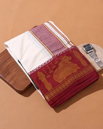 Men’s 9*5 Meter Cotton Dhoti with Traditional Temple Motif Zari Border and Contrast Woven Design - Off White