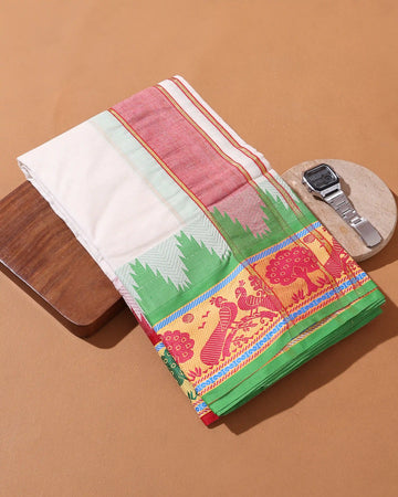 Men’s 9*5 Meter Cotton Dhoti with Traditional Woven Border and Ethnic Peacock Motif Design - Off White