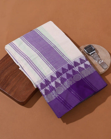 Men’s 9*5 Meter Cotton Dhoti with Floral Temple and Peacock Woven Border Design - Off White
