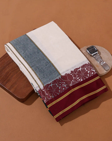 Men’s 9*5 Meter Cotton Dhoti with Floral Woven Border and Contrast Striped Border - Off White