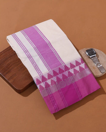 Men’s 9*5 Meter Cotton Dhoti with Floral Temple and Peacock Woven Border Design - Off White