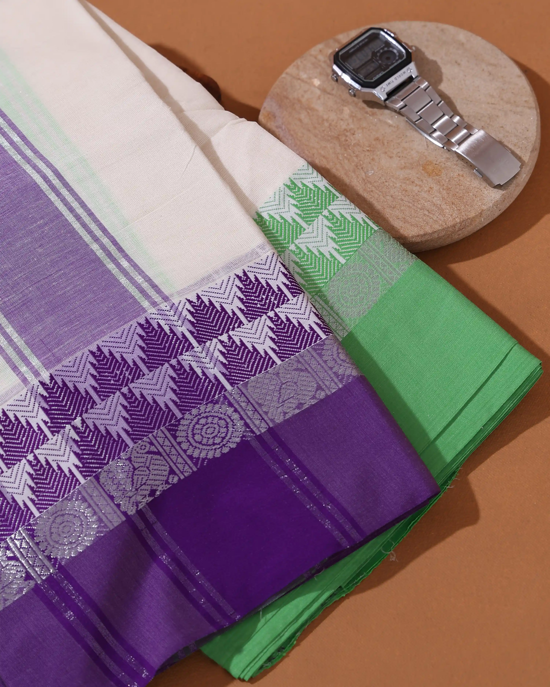 Men’s 9*5 Meter Cotton Dhoti with Floral Temple and Peacock Woven Border Design - Off White