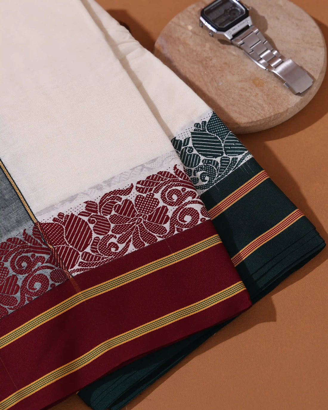 Men’s 9*5 Meter Cotton Dhoti with Floral Woven Border and Contrast Striped Border - Off White