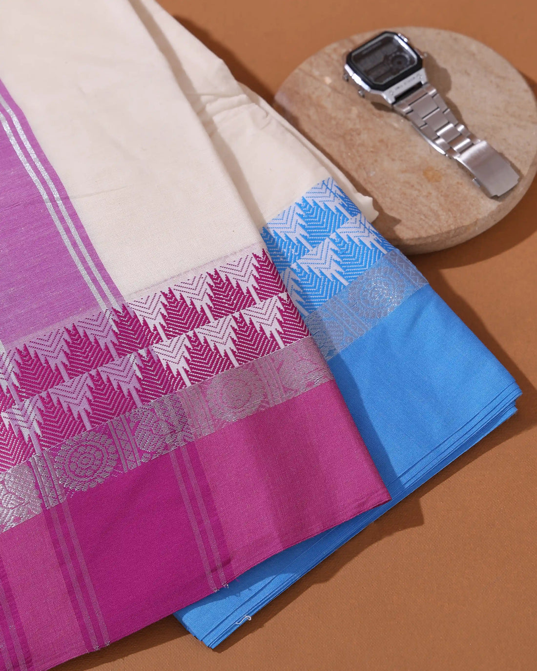 Men’s 9*5 Meter Cotton Dhoti with Floral Temple and Peacock Woven Border Design - Off White