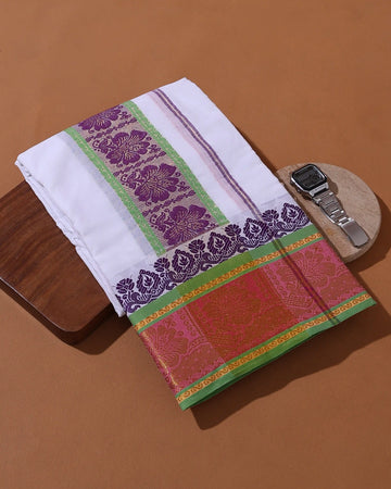 Men’s 9+5 Meter Pure Cotton Dhoti with Traditional Floral Jacquard Border - White