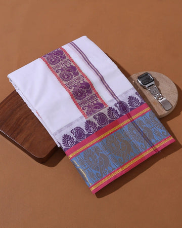 Men’s 9+5 Meter Pure Cotton Dhoti with Traditional Woven Peacock and Paisley Border - White