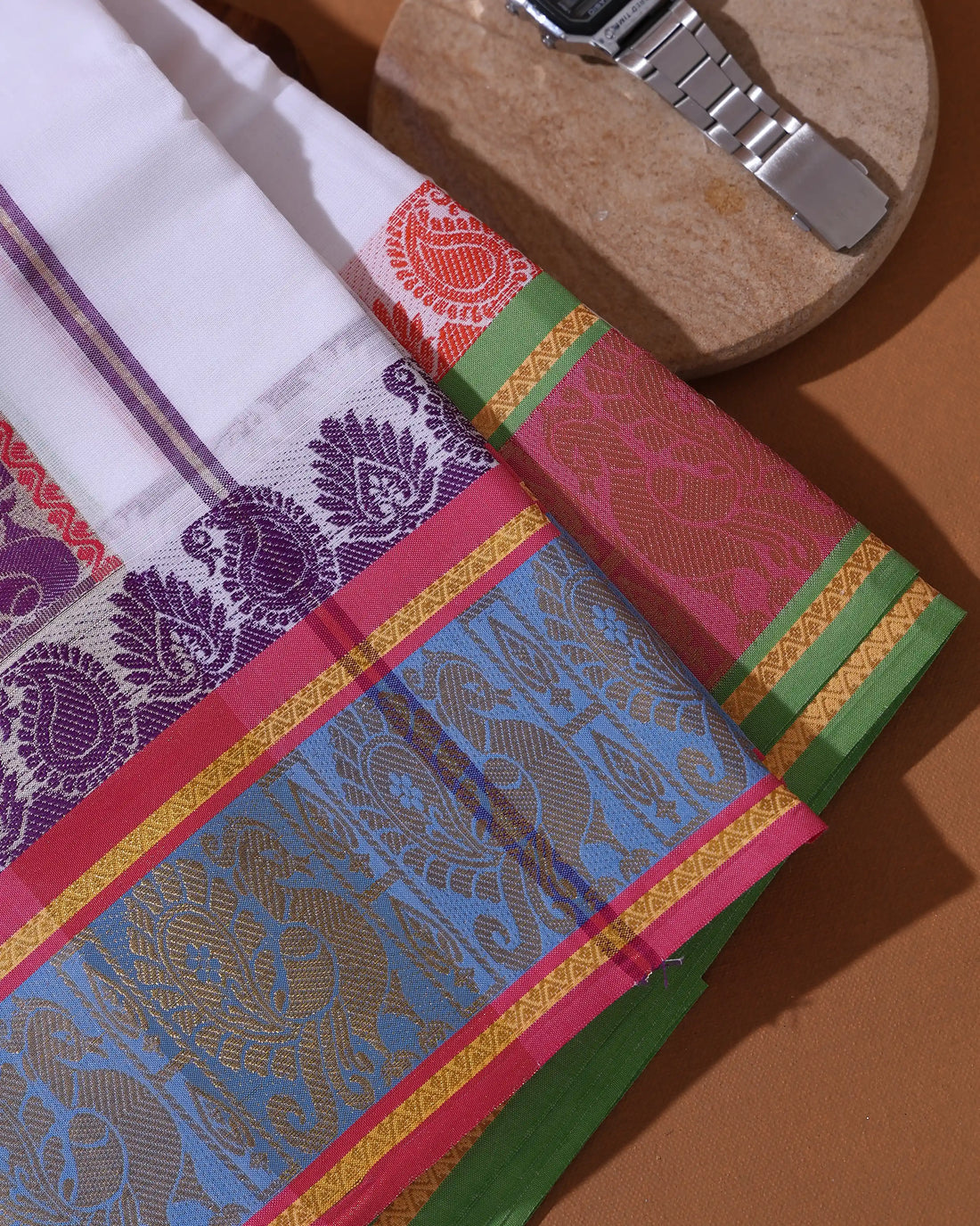 Men’s 9+5 Meter Pure Cotton Dhoti with Traditional Woven Peacock and Paisley Border - White