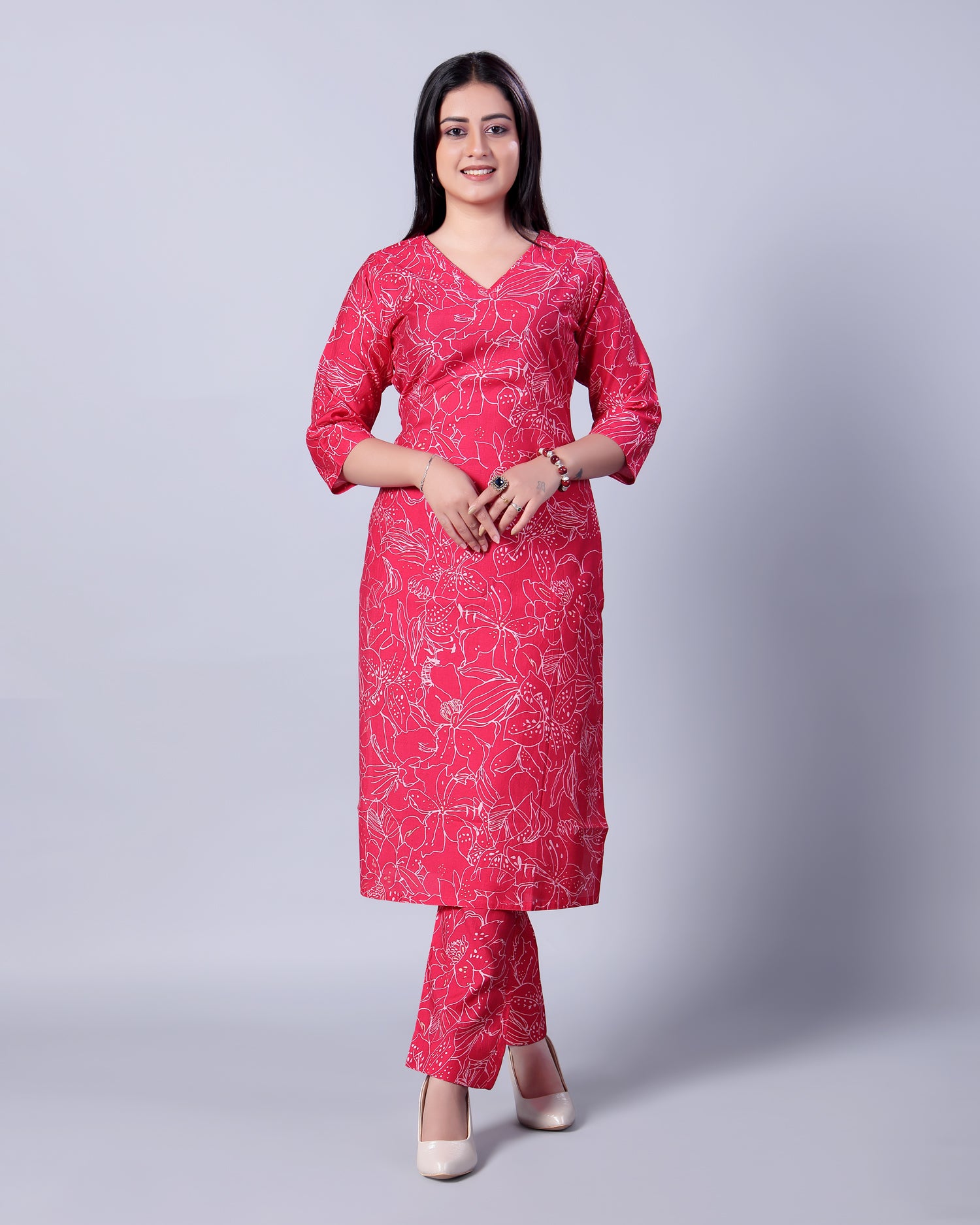 Women's Floral Printed Straight Kurta & Palazzo Set - Pink