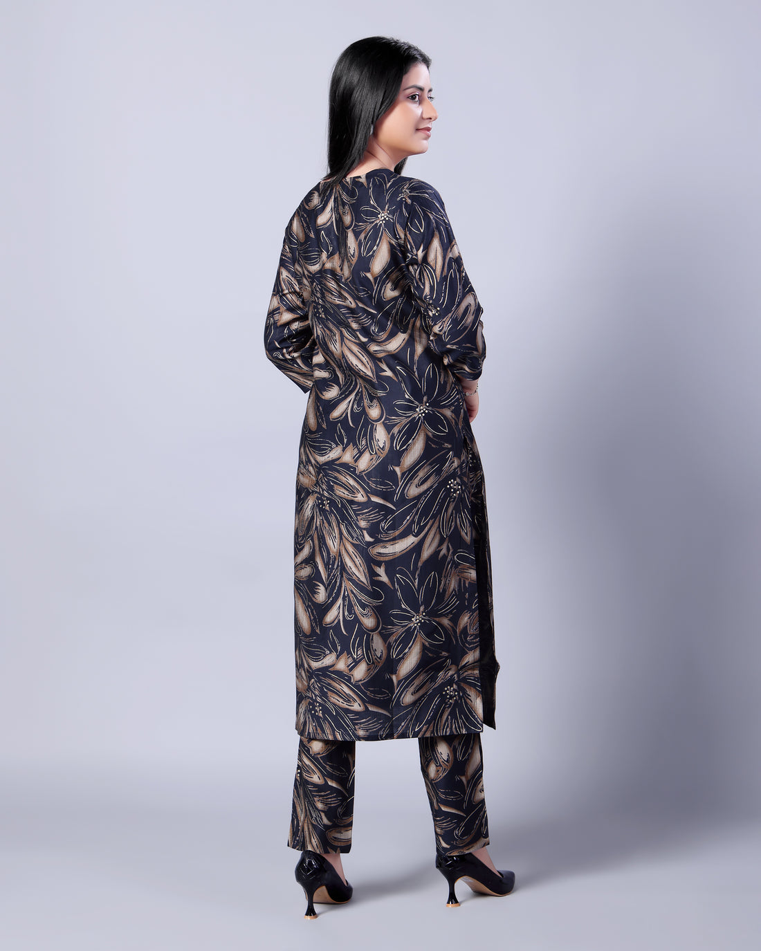 Women's Floral Printed Straight Kurta & Palazzo Set - Navy Blue