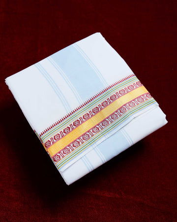 White Cotton Dhoti With Multi Colour Border