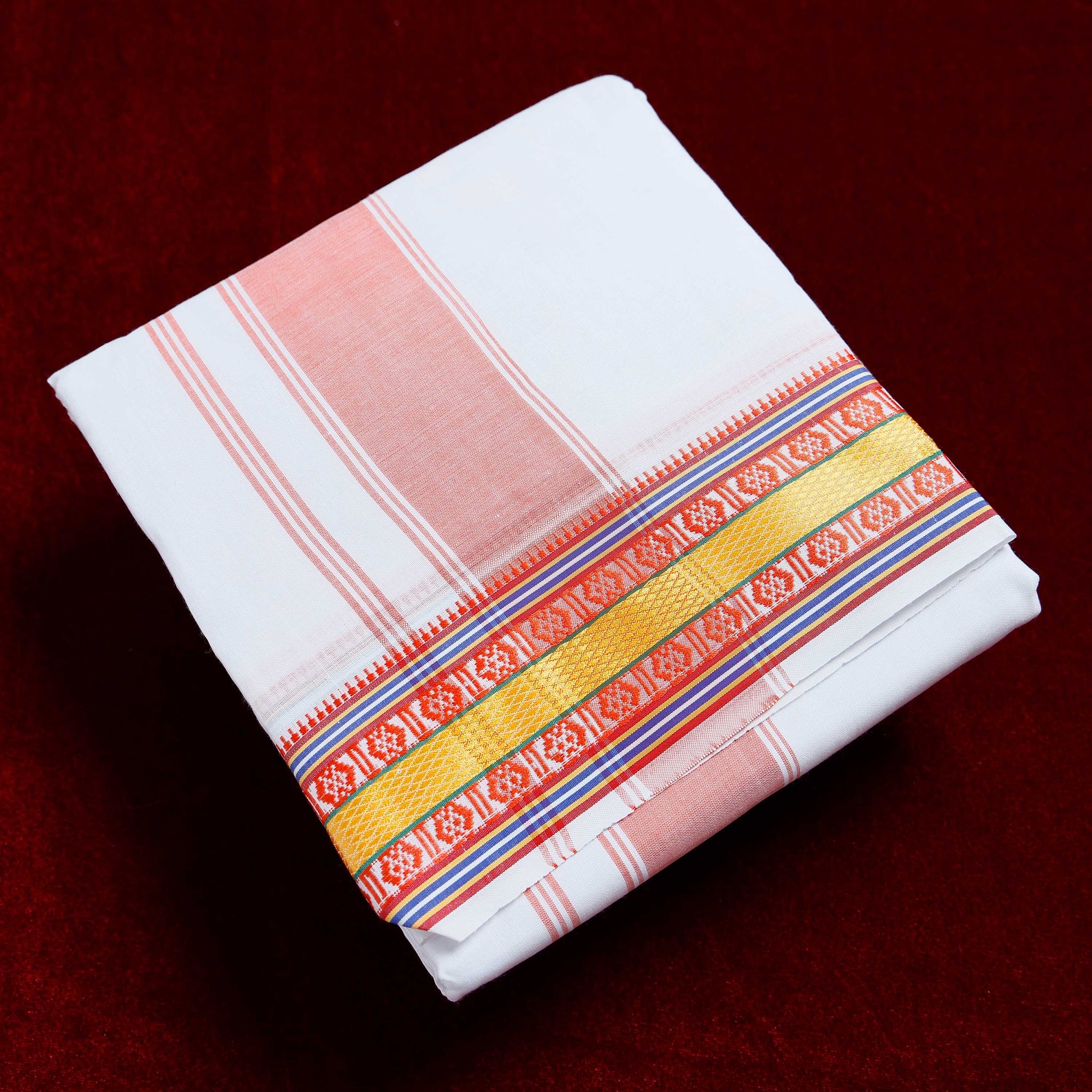 White Cotton Dhoti With Multi Colour Border