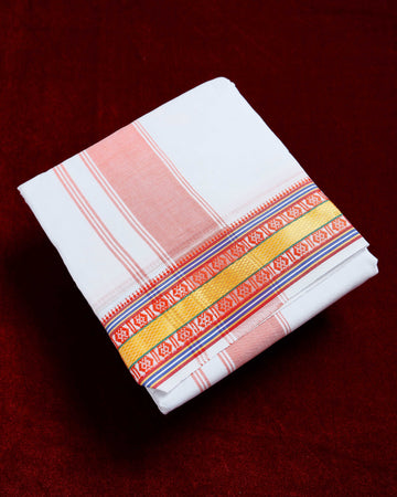 White Cotton Dhoti With Multi Colour Border