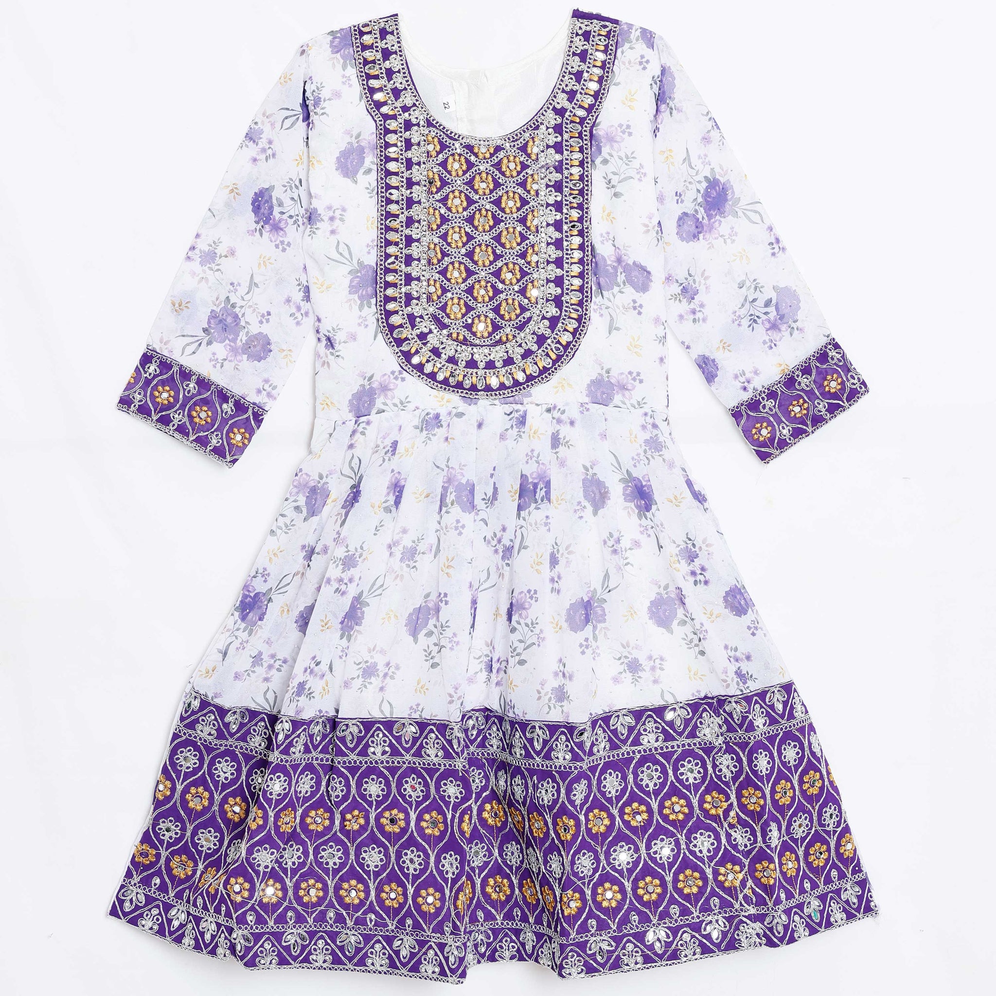 Girls’ Readymade Ethnic Salwar Dress with Floral Print Embroidered  - Violet