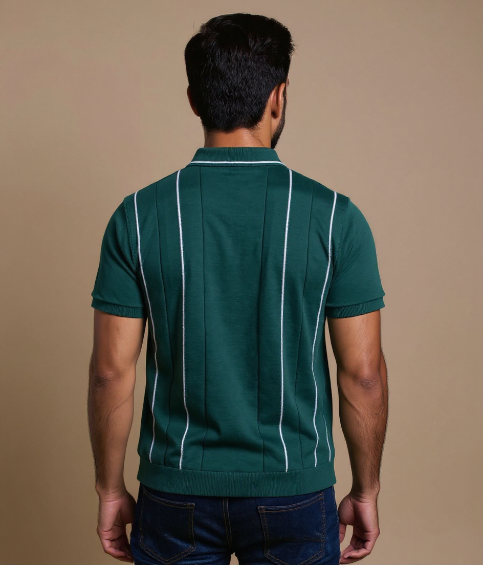 Men's Textured Slim Fit Nativebull  T-Shirt with Short Sleeves and Button Closure - Green