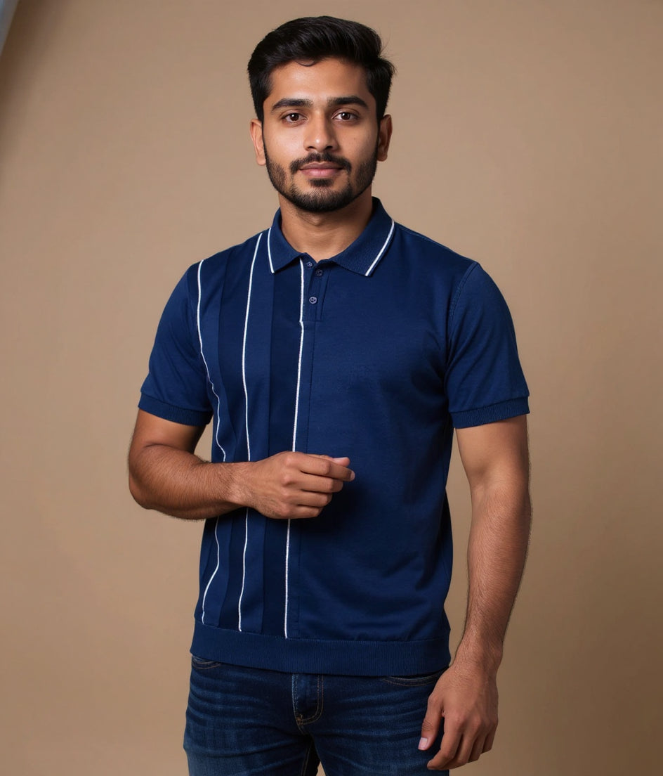 Men's Textured Slim Fit Nativebull T-Shirt with Short Sleeves and Button Closure -  Navy Blue