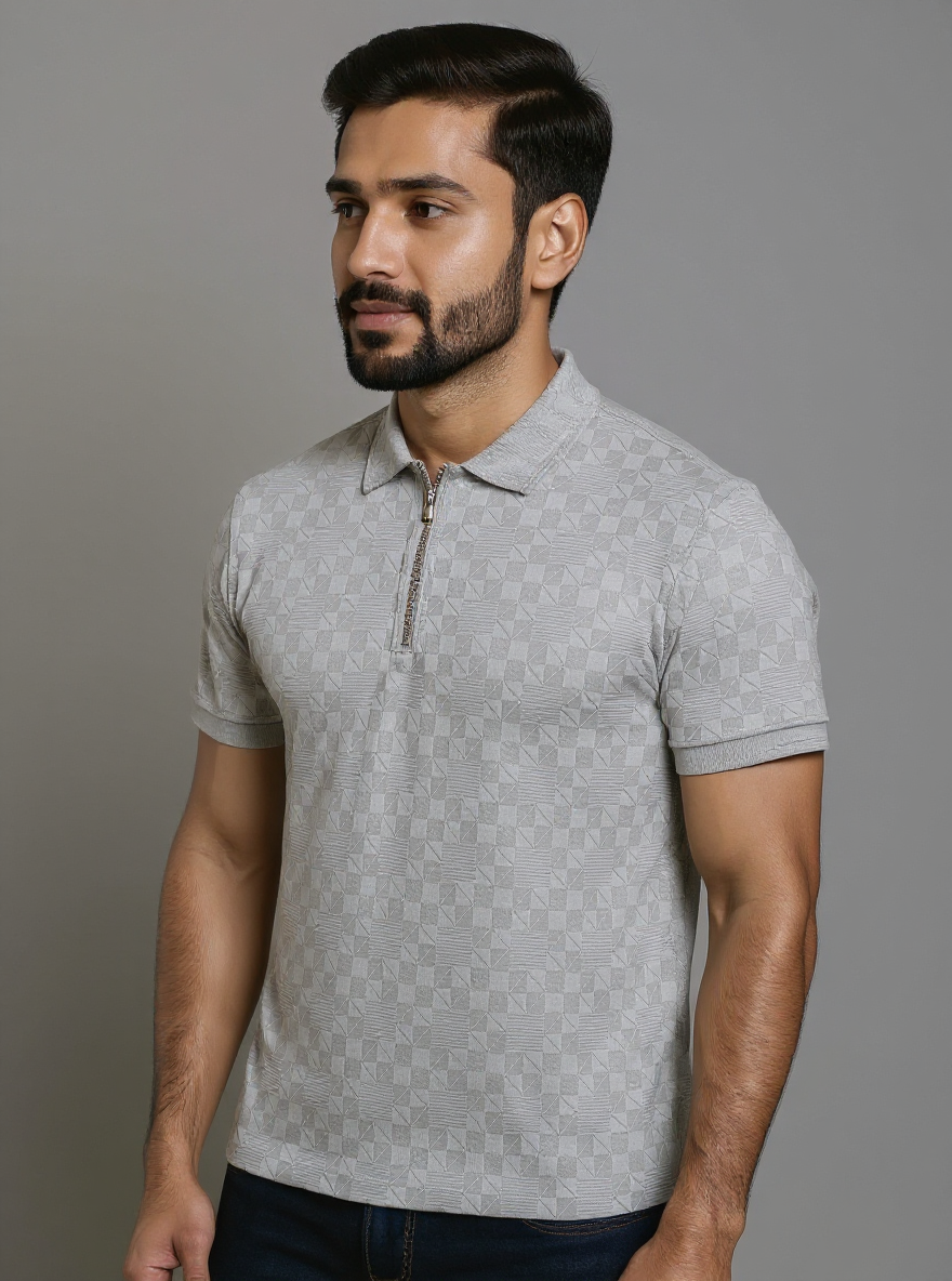 Men's Slim Fit Printed Nativebull T-Shirt with Zipper Collar and Half Sleeves - Grey