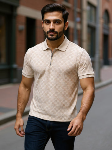 Men's Self-Design Nativebull Neck T-Shirt with Zip Closure - Beige