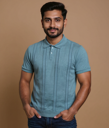 Men's Textured Knit Nativebull T-shirt with Ribbed Collar & Half Sleeves - Green