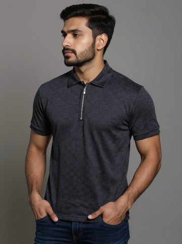 Men's Solid Nativebull T-shirt with Zippered Collar and Half Sleeves -  Black