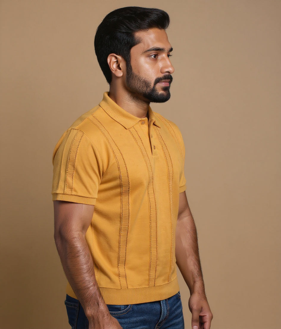 Men's Textured Slim Fit Nativebull  T-Shirt with Short Sleeves and Button Closure - Yellow