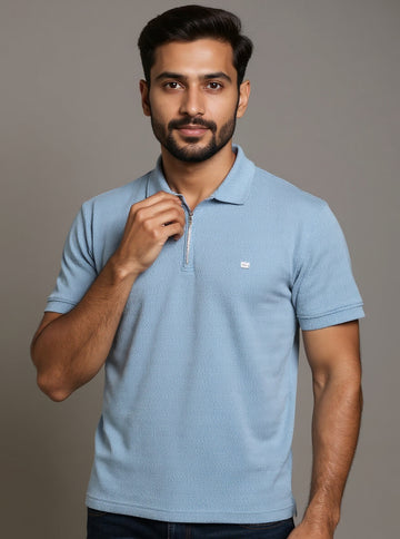 Men's Slim Fit Solid Nativebull T-Shirt with Zipper Collar and Half Sleeves -Blue
