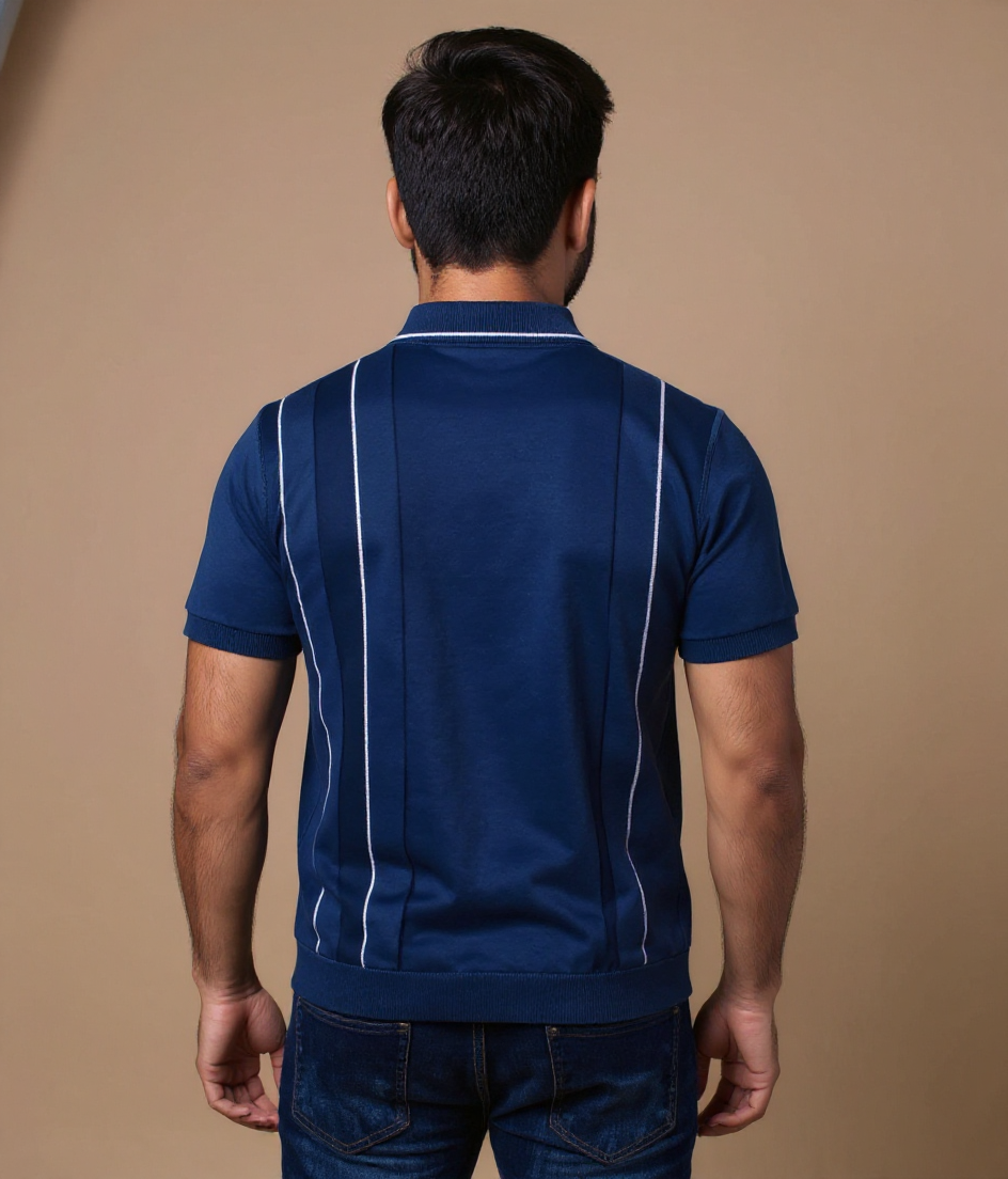 Men's Textured Slim Fit Nativebull T-Shirt with Short Sleeves and Button Closure -  Navy Blue
